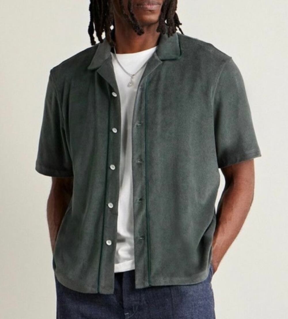 Rag & Bone Avery Camp Collar Cotton Blend Terry Shirt Green Sz XXL